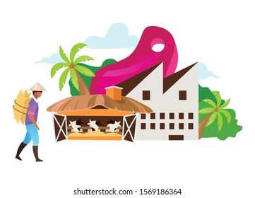 Food industry flat vector illustration. Farming, agriculture. Dairy farm. Household. Growing livestock, cattle. Indonesian business. Isolated cartoon concept on white background