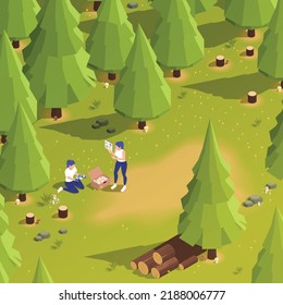 Food industry profession isometric background with two female mycologists viewing mushrooms through magnifier in forest 3d vector illustration