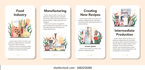 Food industry sector of the economy mobile application banner set. Light manufacturing and goods production. Agriculture goods industry. Isolated flat vector illustration