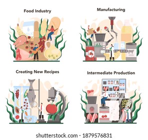 Food industry sector of the economy set. Light manufacturing and goods production. Agriculture goods industry. Isolated flat vector illustration