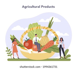 Food industry sector of the economy. Vegetables farming. Idea of agriculture and cultivation. Organic harvest selection. Village groceries processing and preservation. Flat vector illustration