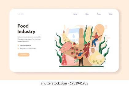 Food industry sector of the economy web banner or landing page. Light manufacturing and goods production. Agriculture goods industry. Isolated flat vector illustration