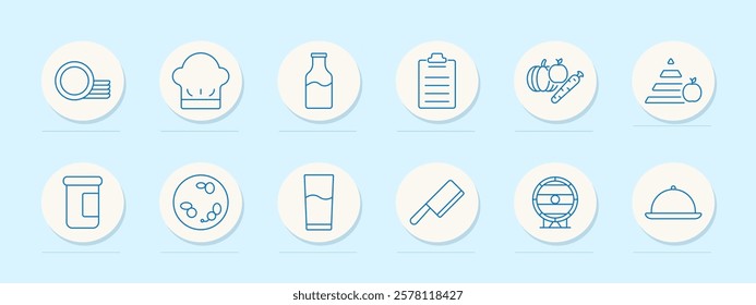 Food industry set icon. Tableware, chef, milk, checklist, vegetables, nutrition pyramid, packaging, ingredients, beverage, knife, oven, serving