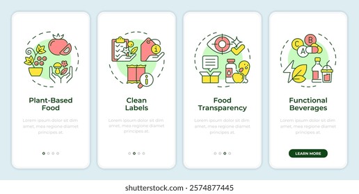 Food industry trends onboarding mobile app screen. Walkthrough 4 steps editable graphic instructions with linear concepts. UI, UX, GUI template