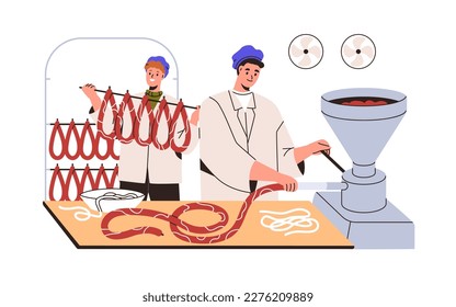 Food industry workers at sausage production, meat manufacture with professional machine at factory, plant. People making natural product at plant. Flat vector illustration isolated on white background