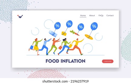 Food Inflation Landing Page Template. Consumer Characters Chase Grocery Goods Floating With Air Balloons. Price Index Rise Up Due to Global Financial Crisis. Cartoon People Vector Illustration