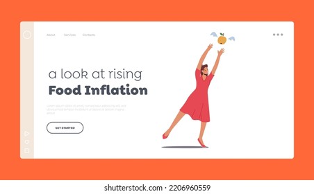 Food Inflation, Price Increase Landing Page Template. Global Crisis and Economic Recession. Woman Customer Character Catching Grocery Flying Up in Supermarket. Cartoon People Vector Illustration