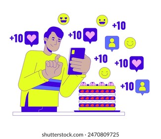 Food influencer man 2D linear illustration concept. Indian male taking picture of cake on phone cartoon character isolated on white. Social media viral metaphor abstract flat vector outline graphic