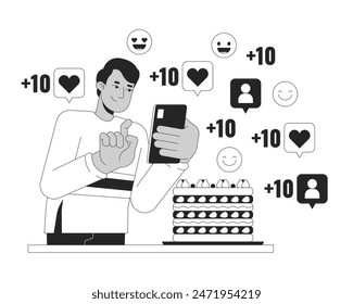 Food influencer man black and white 2D illustration concept. Indian male taking picture of cake on phone cartoon outline character isolated on white. Social media viral metaphor monochrome vector art