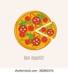 Food infograpgics. Cooking infographics. Let's make a pizza! Detailed italian pizza image. Pizzeria menu cover. 