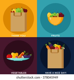 Food infographic elements. Paper shopping bag. Fruits and vegetables. Set of flat design concept icons for food. Vector illustration