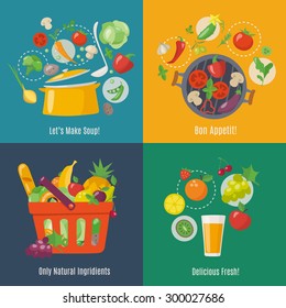 Food infographic. Flat style. Shopping basket. Grilled vegetables, soup and juice infographic. 