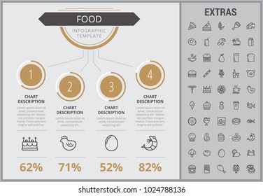 Plantilla de infografía alimentaria, elementos e iconos. Infograph incluye gráficos numerados personalizables, un conjunto de iconos de línea con ingredientes para la comida, comida de restaurante, frutas y verduras, aperitivos dulces, comida rápida, etc.