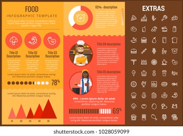 Food infographic template, elements and icons. Infograph includes customizable graphs, charts, line icon set with food ingredients, restaurant meal, fruit and vegetables, sweet snacks, fast food etc.