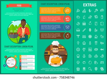 Infografische Vorlagen, Elemente und Symbole für Lebensmittel. Infograph beinhaltet anpassbare Grafiken, Diagramme, Linien-Icon mit Lebensmittelzutaten, Restaurantmehl, Obst und Gemüse, süße Snacks, Fast Food etc.