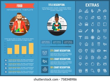 Food infographic template, elements and icons. Infograph includes customizable graphs, charts, line icon set with food ingredients, restaurant meal, fruit and vegetables, sweet snacks, fast food etc.
