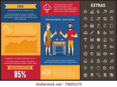Plantilla de infografía alimentaria, elementos e iconos. El Infograph incluye gráficos, gráficos, gráficos, iconos de línea con ingredientes para la alimentación, comida para restaurantes, frutas y verduras, aperitivos dulces, comida rápida, etc.