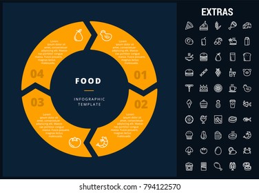 Food infographic template, elements and icons. Infograph includes customizable circular diagram, line icon set with food ingredients, restaurant meal, fruit and vegetables, sweet snacks, fast food etc