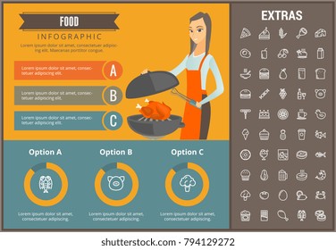Food infographic template, elements and icons. Infograph includes customizable graphs, charts, line icon set with food ingredients, restaurant meal, fruit and vegetables, sweet snacks, fast food etc.