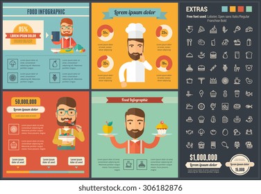 Food infographic template and elements. The infographic template includes illustrations of hipster men and huge awesome set of thin line icons. Modern minimalistic flat vector infographic design.