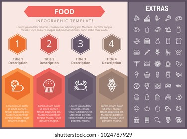 Food infographic timeline template, elements and icons. Infograph includes numbered options, line icon set with food ingredients, restaurant meal, fruit and vegetables, sweet snacks, fast food etc.