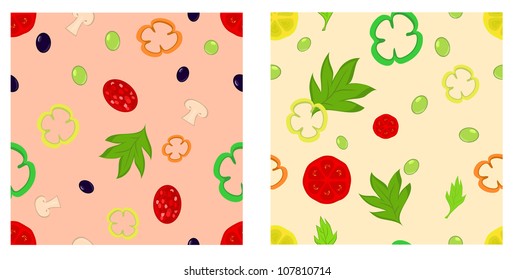 Food ingredeints seamless pattern. Contains pepper, tomato, olive, mushroom, sausage and lemon. Eps 10 vector
