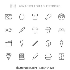 Food and ingredient 20 line icons design. Contains such as chesse, bread, eggs, mushrooms, pie, chocolate, pizza and more. 48x48 pixel editable stroke. Vector illustration Eps 10.