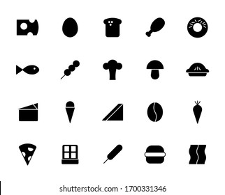Food and ingredient 20 solid icons design. Contains such as chesse, bread, eggs, mushrooms, pie, chocolate, pizza and more. 48x48 pixel. Vector illustration Eps 10.
