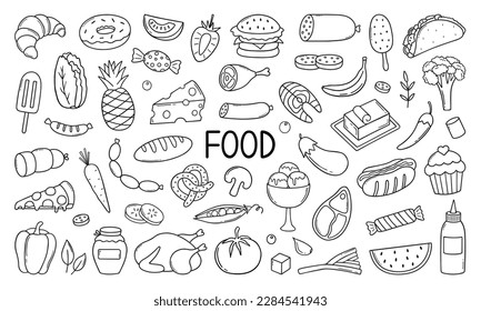 Food ingredient doodle set.  Fruits, vegetables, sweets, bakery, fast food in sketch style. Hand drawn vector illustration isolated on white background