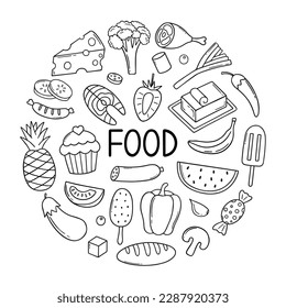 Food ingredient doodle set.  Fruits, vegetables, sweets, bakery, fast food in sketch style. Hand drawn vector illustration isolated on white background