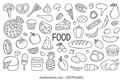 Food ingredient doodle set.  Fruits, vegetables, sweets, bakery, fast food in sketch style. Hand drawn vector illustration isolated on white background