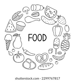 Food ingredient doodle set.  Fruits, vegetables, sweets, bakery, fast food in sketch style. Hand drawn vector illustration isolated on white background