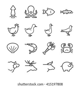 Food Ingredient Icons For Application Set 4. Included The Icons As Pork, Beef, Chicken, Lamb, Seafood, Fish And More.
