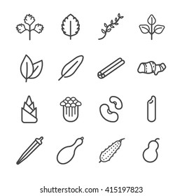 Food ingredient icons for application set 1. Included the icons as bamboo shoots, cinnamon, parsley, roselle, thyme, bitter and more.