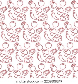 Food ingredient market seamless pattern with line icons. mushroom, chilli, meat, sauce and cheese