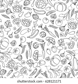 Food ingredient seamless doodle line pattern. Vegetable background