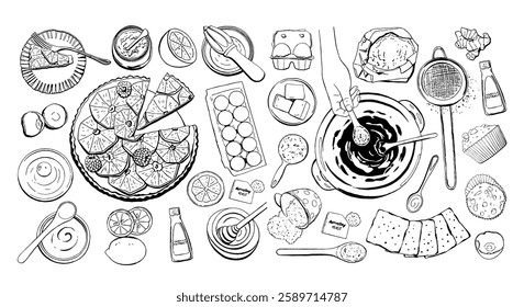 Food Ingredient Set for Cooking Classes in Black Outline Style