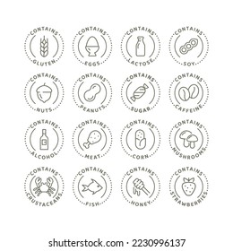 Food ingredients and allergen vector icon set. Contains gluten, lactose and alcohol badge label set.