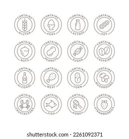 Food ingredients and allergen vector icon set. Contains gluten, lactose and alcohol badge label set.