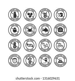 Food ingredients allergens black stamp label set. Allergens free vector labels. Gluten free, dairy free, peanut free label stickers.