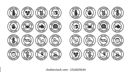 Food ingredients allergens black stamp label set. Allergens free, no allergent vector labels. Gluten free, dairy free, peanut free label stickers.