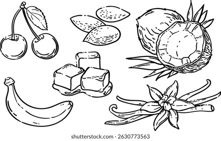 Ingredientes alimentares Cereja, amêndoa, coco, banana, caramelo, baunilha. Conjunto de ilustrações vetoriais em preto e branco. Estilo de desenho da mão. 