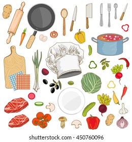 Food ingredients collection fresh vegetables cooking utensils hand drawn vector 