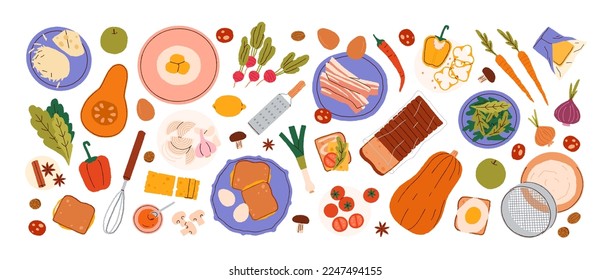 Food ingredients for cooking. Fresh vegetables, flour and sieve, bacon, grated cheese, toast bread, eggs, squash, tomato, kitchen tools set. Flat vector illustrations isolated on white background