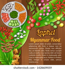 food ingredients elements set banner on wooden background,Myanmar,vector illustration