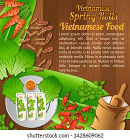 Food ingredients elements set banner on wooden background,Vietnam,vector illustration