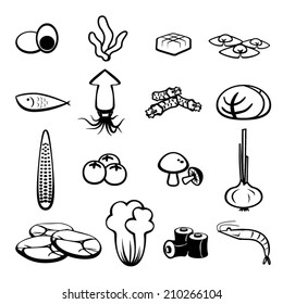 Food ingredients icons, sukiyaki set