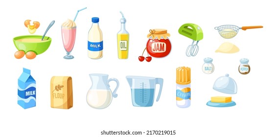 Food ingredients and kitchen tools for baking and cooking. Kitchen utensils and food dairy products, milk, flour, oil, butter, whipped cream, butter, mixer and sieve cartoon vector