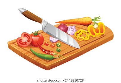 Food ingredients with knife on cutting board. Vector illustration isolated on white background