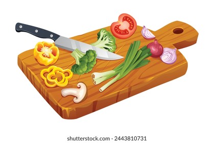 Food ingredients with knife on wooden cutting board. Vector illustration isolated on white background